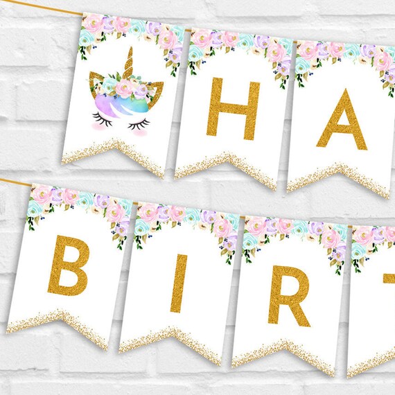 Unicorn Happy Birthday Banner Floral Unicorn Birthday Party Printable 