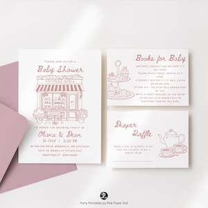 Op de afbeelding: Roze en witte babyborrel uitnodiging met een illustratie van een bakkerijgevel. De uitnodiging luidt "Doe mee met ons voor een babyborrel" en "Patisserie Olivia". De uitnodiging bevat ook de datum en tijd van de borrel, het adres en de RSVP-informatie. Er zijn ook twee extra kaarten, een voor een luierspel en een voor een boekverzoek voor de baby.