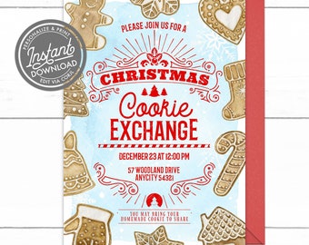 May include: A Christmas cookie exchange invitation card featuring watercolor gingerbread cookies including a person, heart, bell, mitten, house, and candy cane on a light blue background with red text that reads: PLEASE JOIN US FOR A CHRISTMAS COOKIE EXCHANGE.