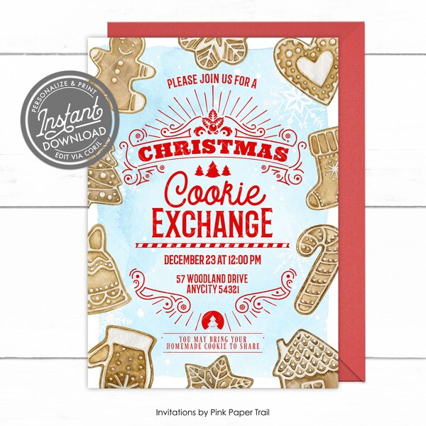 Editable Christmas Cookie Exchange Invitation Template Cookie Party Invitation Christmas Invitation Holiday Exchange Party