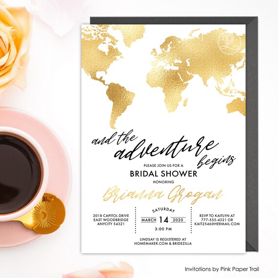 Travel Themed Wanderlust World Map Faux Gold Invitation, And the Adventure Begins Personalized Printable Bridal Shower Party Invitation Il_570xn