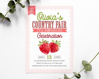 Editable Country Fair Strawberry Birthday Invitation, Berry Sweet Birthday Strawberry Digital Template  Farmers Market Invitation