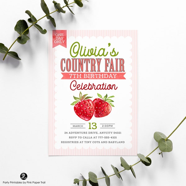 Editable Country Fair Strawberry Birthday Invitation, Berry Sweet Birthday Strawberry Digital Template  Farmers Market Invitation