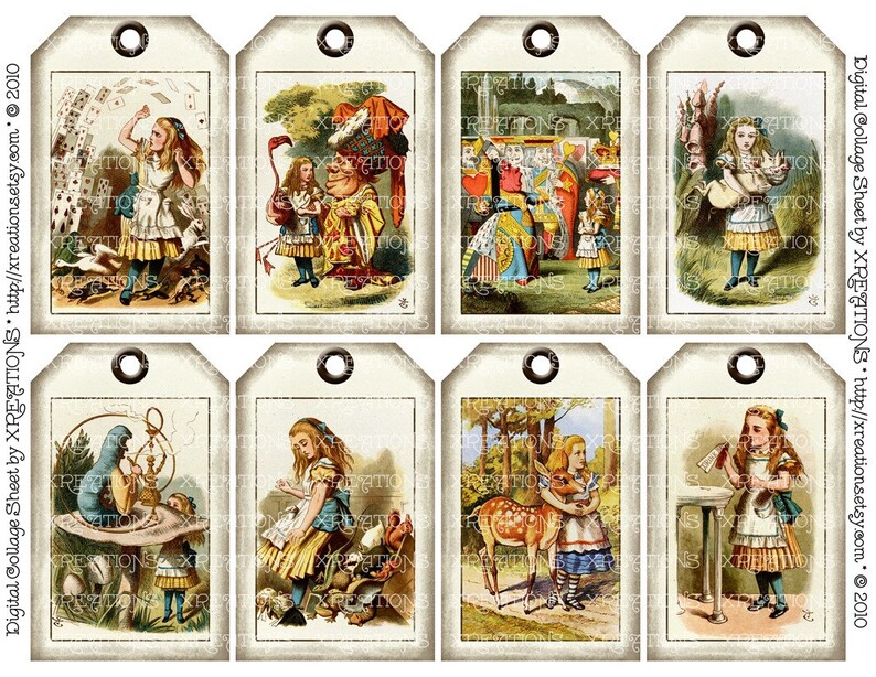 Alice in Wonderland Colored Illustrations in Shabby Vintage Hangtags Gift tags