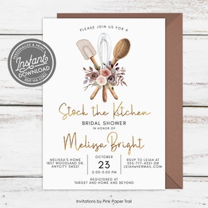 EDITABLE Stock the Kitchen Bridal Shower Rustic Invitation, Rustic Kitchen and Flower Bridal Shower Invitation Instant Access Print Your Own