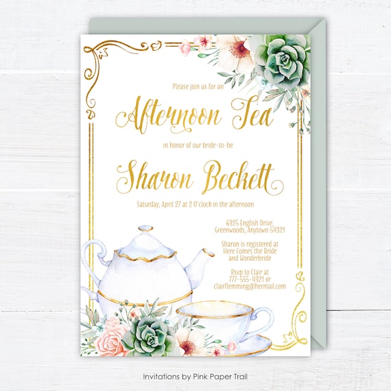 Bridal Shower Tea Party Invitation Floral Succulents Pink Gold