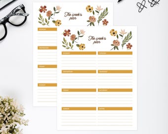 Printable Floral Weekly Planner Template, Weekly Planner Page A4 & US Letter, Productivity Organizer, Instant Download Stationery