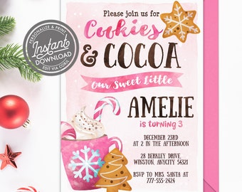 May include: Pink and white invitation for a Cookies & Cocoa party for a little girl named Amelie turning 3. The invitation features a watercolor illustration of a pink mug with hot chocolate, a candy cane, whipped cream, and a gingerbread cookie. The text "Please join us for Cookies & Cocoa Our Sweet Little Amelie is turning 3" is written in a festive font. The invitation includes the date, time, address, and RSVP information.