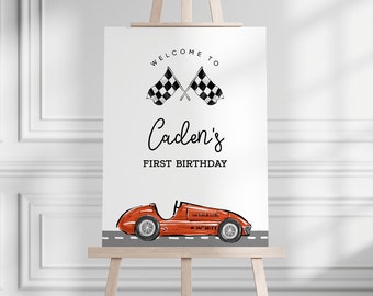 Retro Race Car Welcome Party Sign Entry Door Decor, Red Race Car Birthday Party Welcome Sign Editable Template Instant Access Download