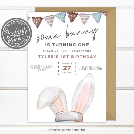 EDITABLE Some Bunny Birthday Party Invitation, Cute Bunny Ears Birthday Invite, Easter Spring Boy Birthday Printable Invite Instant Access Il_570xn