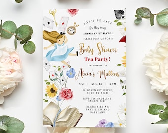 Editable Alice in Wonderland Baby Shower Invitation Template Mad Hatter Tea Party Invite Baby Shower Invitation Tea Party Instant Printable