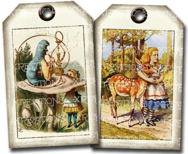 Alice in Wonderland Colored Illustrations in Shabby Vintage Hangtags Gift tags