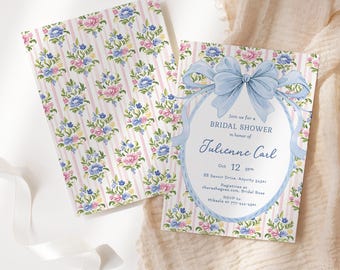 Editable Bridal Shower Invitation, Vintage Floral Something Blue, Garden Tea Party, Corjl Template, Grandmillennial, Instant Download v.3