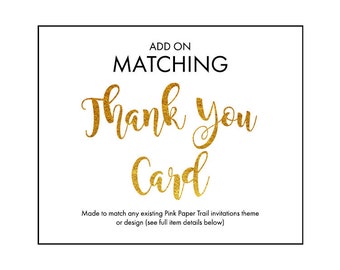 Printable Thank You Card Add-On To Match Any Party Invitation Theme or Design, Flat Card - Digital File