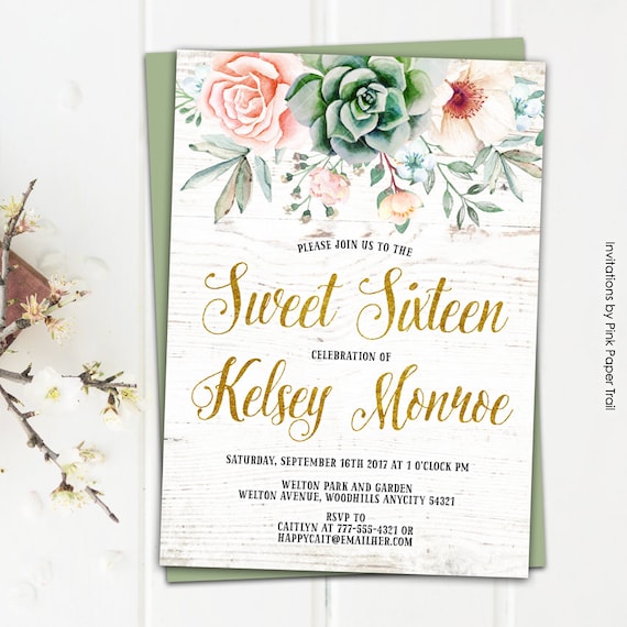 Succulents Sweet Sixteen Quinceanera Birthday Invitation, Floral Succulents Boho Chic Protea Roses Anemone Rustic Printable Invitation Il_570xn