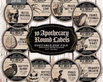 EDITABLE Halloween Apothecary Round Labels, Magical Potion Labels, Halloween Witches Brew Ingredient Labels Tags - Instant PDF Download