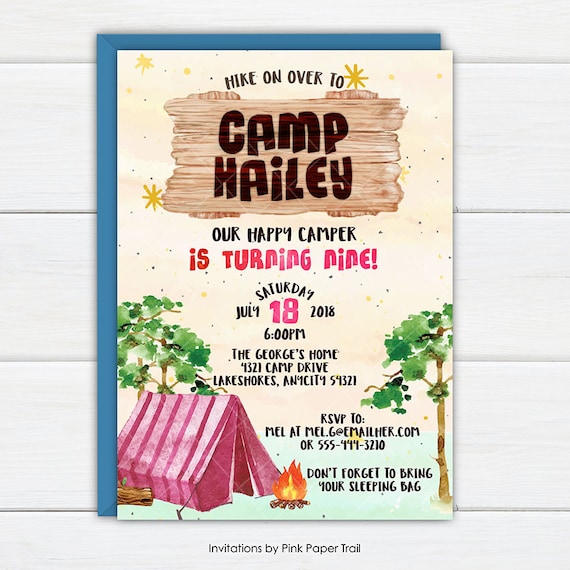 Girls Camping Party Invitation, Camp Out Glamping Birthday Party, Outdoor Adventure Summer Camp, Backyard Camping Printable Invite Il_570xn