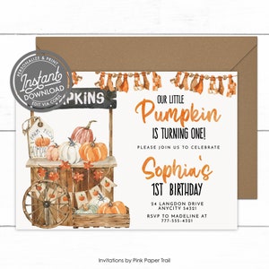 EDITABLE Fall Pumpkin Birthday Invitation, Autumn Fall Birthday Party Farm Fresh Pumpkin Patch Invitation Template Instant Access Corjl
