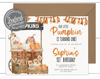 EDITABLE Fall Pumpkin Birthday Invitation, Autumn Fall Birthday Party Farm Fresh Pumpkin Patch Invitation Template Instant Access Corjl