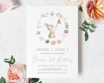 Editable Cute Bunny Rabbit Birthday Invitation. Cute Floral Easter Bunny Birthday Invite Party Printable Instant Download Template Access