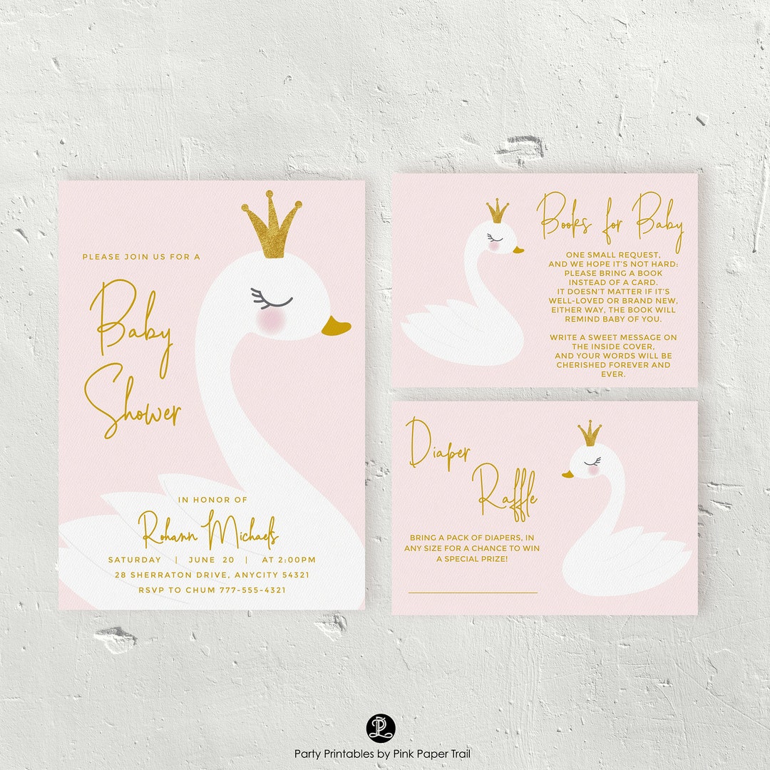 Swan Princess Girl Baby Shower Invite Set, Swan Baby Shower Invitation ...