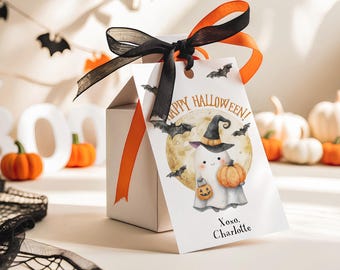 Editable Spooky Cute Halloween Favor Tag,  Ghost Trick or Treat Bag Tag, Personalized Kids Halloween Party Tag Instant Download Printable