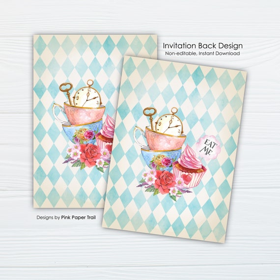 Alice in Wonderland Invitation Back Design, Tea Party Tea Cups Back Layout Design Instant Download Il_570xn