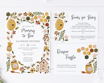 Editable Honey Bee Baby Shower Invitation Suite, A Little Honey Is On The Way Shower Invite Gender Reveal Invitation Instant Print Your Own