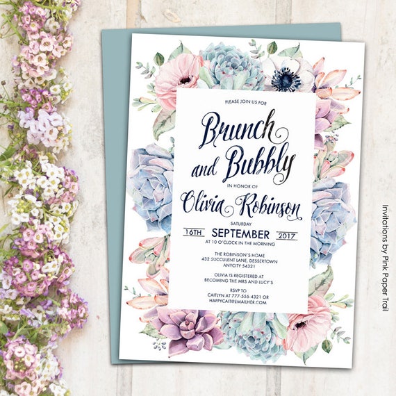 Succulents Brunch and Bubbly Bridal Shower Invitation, Sweet Dainty Floral Boho Chic Succulent Protea Anemone Rustic Printable Invitation Il_570xn