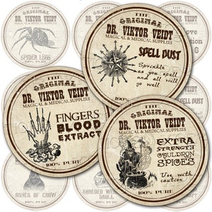 May include: Eight round, vintage-style labels with brown borders and white backgrounds. Each label features a different potion with a spooky illustration and text. The labels include "Spider Legs", "Spell Dust", "Fingers Blood Extract", "Extra Strength Cauldron Spices", "Ashes of Crow", "Shredded Werewolf Skull", and two labels that say "The Original Dr. Viktor Veidt Magical & Medical Supplies".