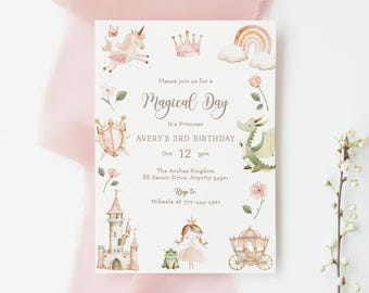 Princess Birthday Invitation, Magical Day Princess Castle Palace Birthday Party Invite Editable Invitation Template