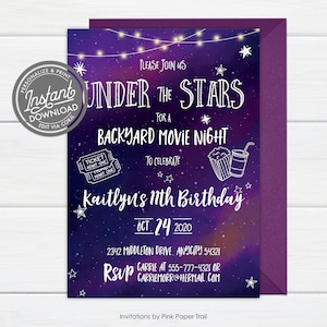 EDITABLE Under the Stars Invitation, Backyard Movie Night Birthday Party Invite, Outdoor Movie Night Sleepover Teen Party Printable