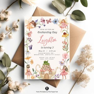 Editable Enchanted Fairy Tea Party Birthday Invitation Whimsical Fairy Party Magical Floral Fairy Party Invite Template Instant Download