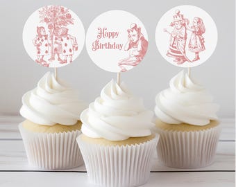 Alice in Wonderland Cupcake Toppers Editable in Corjl, Vintage Storybook Tea Party Decorations, Printable Birthday Cupcake Picks Download