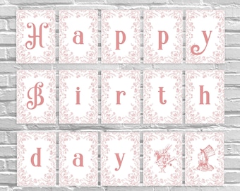 Alice in Wonderland Birthday Bunting Editable in Corjl, Printable Happy Birthday Banner, Vintage Tea Party Decorations Instant Download