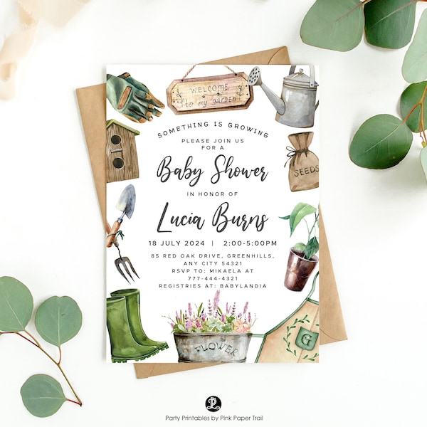 EDITABLE Gardening Theme Baby Shower Invitation Template, Outdoor Nature Organic Garden Baby Shower Invite Garden Tea Party Instant Download