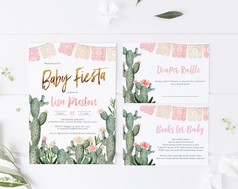 Editable Fiesta Cactus Theme Baby Shower Invitation Suite Template, Cactuses Succulent Fiesta Baby Shower Party Invitation Instant Download