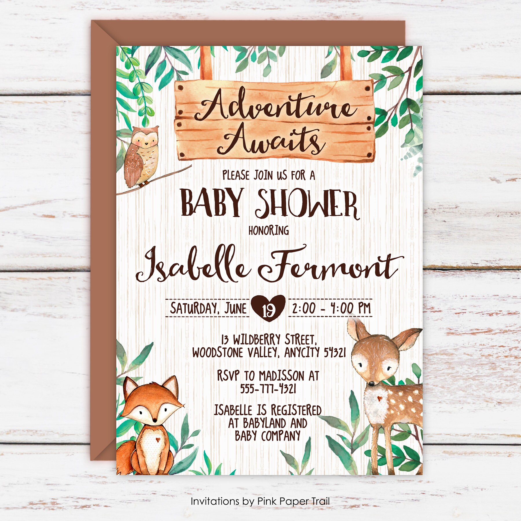 Girl or Boy Your choice of Quantity and Envelope Color Personalized Woodland Animals Baby Shower Invitations Adventure Awaits Boho Rustic Theme 