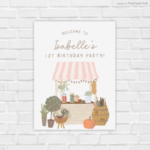 Bearbeitbare Lokal angebaute Rosa Bauernmarkt-Willkommensparty-Schild-Party-Dekor-Vorlage, Gemüse-Obst-Bauernhof Frisches Willkommens-Poster-Partyschild