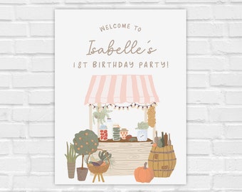 Editable Locally Grown Pink Farmers Market Welcome Party Sign Party Decor Template, Vegetable Fruits Farm Fresh Welcome Poster Party Sign