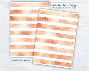 Rose Gold Stripes Invitation Back Design, Faux Rose Gold Printable Invitation Back Design, Instant Download Print Your Own