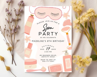 May include: Pink and white spa party invitation with illustrations of spa products and the text "Please join us for a Spa Party as we celebrate Madeline's 8th Birthday. Saturday, Aug. 17, 20XX, 2:00 PM, 89 Wagner Drive, Anycity 54321, RSVP to Amy at 555-777-4321."