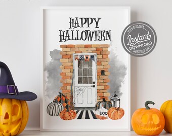 Halloween druckbare Kunst, Happy Halloween Schild, Halloween Poster Aquarell Halloween Dekor, verschiedene Größen Instant Download Jpeg