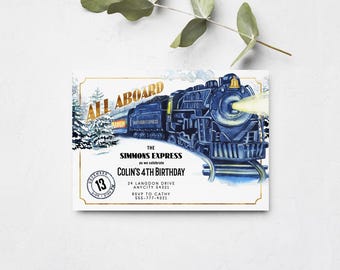 EDITABLE Train Birthday Invitation Vintage Train Steam Engine Locomotive Winter Party Instant Download DIY Birthday Template Instant Access