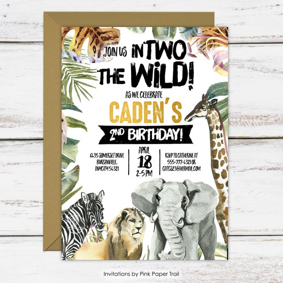 InTWO the Wild Jungle Safari Birthday Invitation, Party Animals Zebra Lion Elephant Giraffe Birthday Invite, Personalized Printable Digital Il_570xn