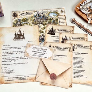 May include: A collection of printed stationery including a Lumivale Arcanum acceptance letter, a train ticket, school requirement lists, and a map. The set features aged parchment-style paper, a sealed envelope with a wax seal, and a wooden wand.