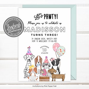 May include: A birthday party invitation with a paw print theme. The invitation features a watercolor illustration of dogs with party hats and balloons. The text on the invitation reads "Let's Pawty!" and "Madisson Turns Three!" with details for the party date, time, and location.