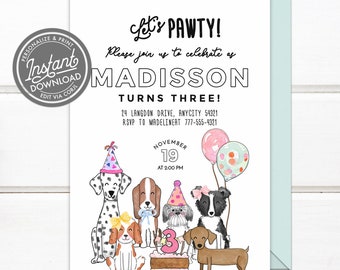 Editable Cute Girl Puppy Party Invitation Dog Invitation Printable Dog Pawty Invitation, Girl Dog Puppy Pawty Birthday Invitation Digital v2