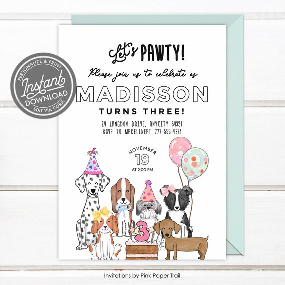Editable Cute Girl Puppy Party Invitation Dog Invitation Printable Dog Pawty Invitation, Girl Dog Puppy Pawty Birthday Invitation Digital v2 Il_570xn