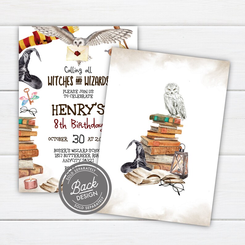 May include: A white and brown invitation with a watercolor illustration of a stack of books, a white owl, a lantern, a witch's hat, and a pair of glasses. The text on the invitation reads "Calling all Witches and Wizards, Please join us to celebrate Henry's 8th Birthday, October 30 at 2:00, Boser's Wizard School, 1857 Butterbeer Road, Anycity 54321".